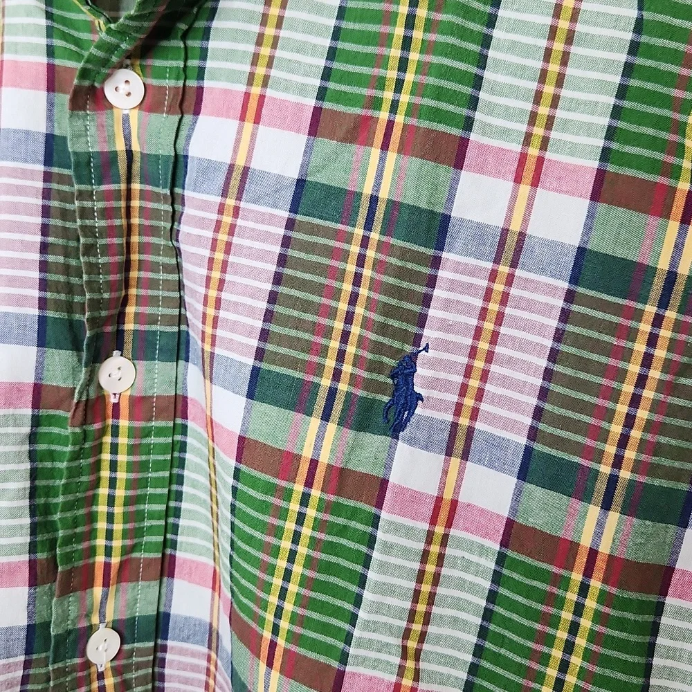 Men's Ralph Lauren classic fit short sleeve button-up shirt green plaid size med - Picture 2 of 6